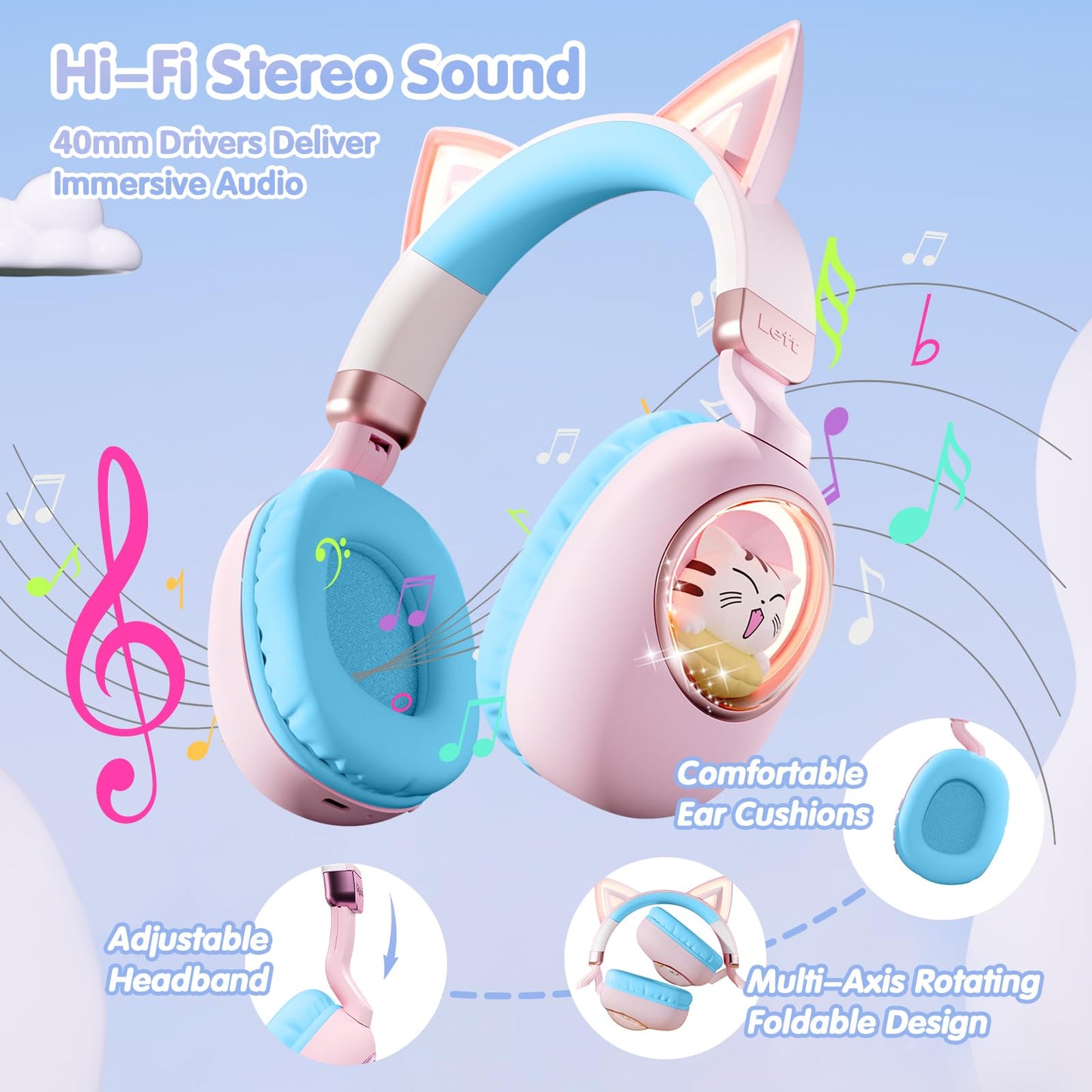 esonstyle Kids Headphones Cat Ear - Bluetooth 5.4 Over-Ear Noise Cancelling Headphones with Microphone LED Lights Up 85dB Safe Volume Limit Wireless or 3.5mm Wired USB C(Pink Blue)