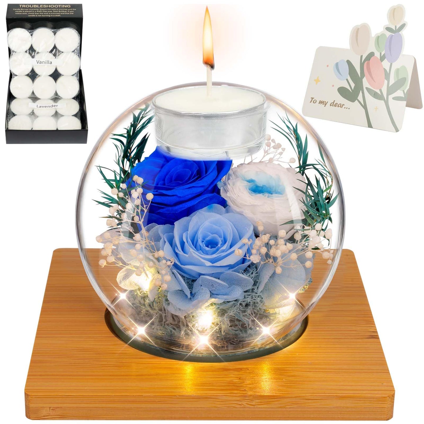 Preserved Blue Real Rose in Glass with Lavender and Vanilla Scented Candles - Forever Flower Romantic Gift for Mom, Women, Wife, Girlfriend, Her, Grandma