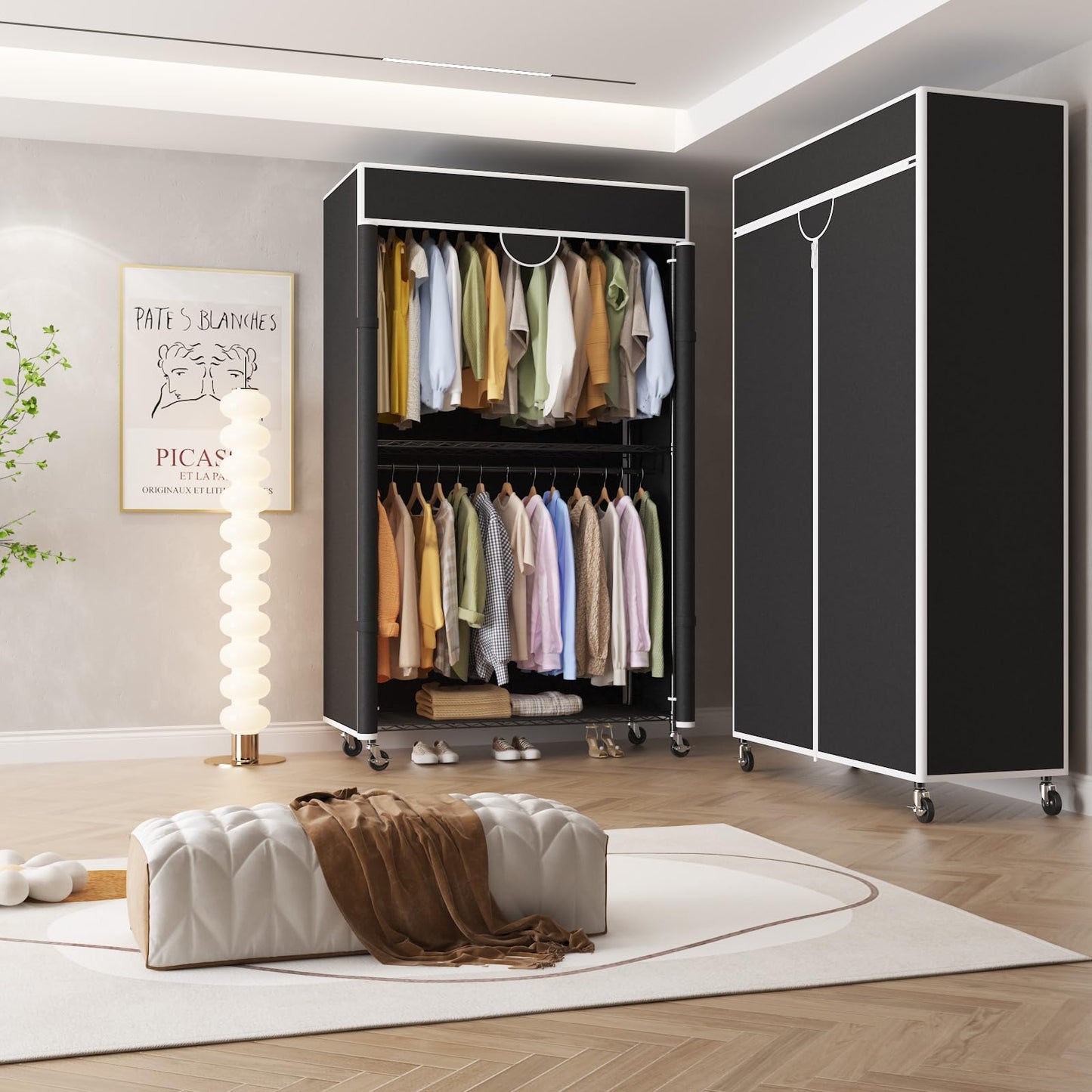 Heavy Duty Clothes Rack with Cover, 485LBS Capacity, Portable Closet Wardrobe on Wheels, Carbon Steel, Dustproof, Tool-Free Assembly, Clothes Racks for Hanging Clothes, for Bedroom, Laundry, Storage