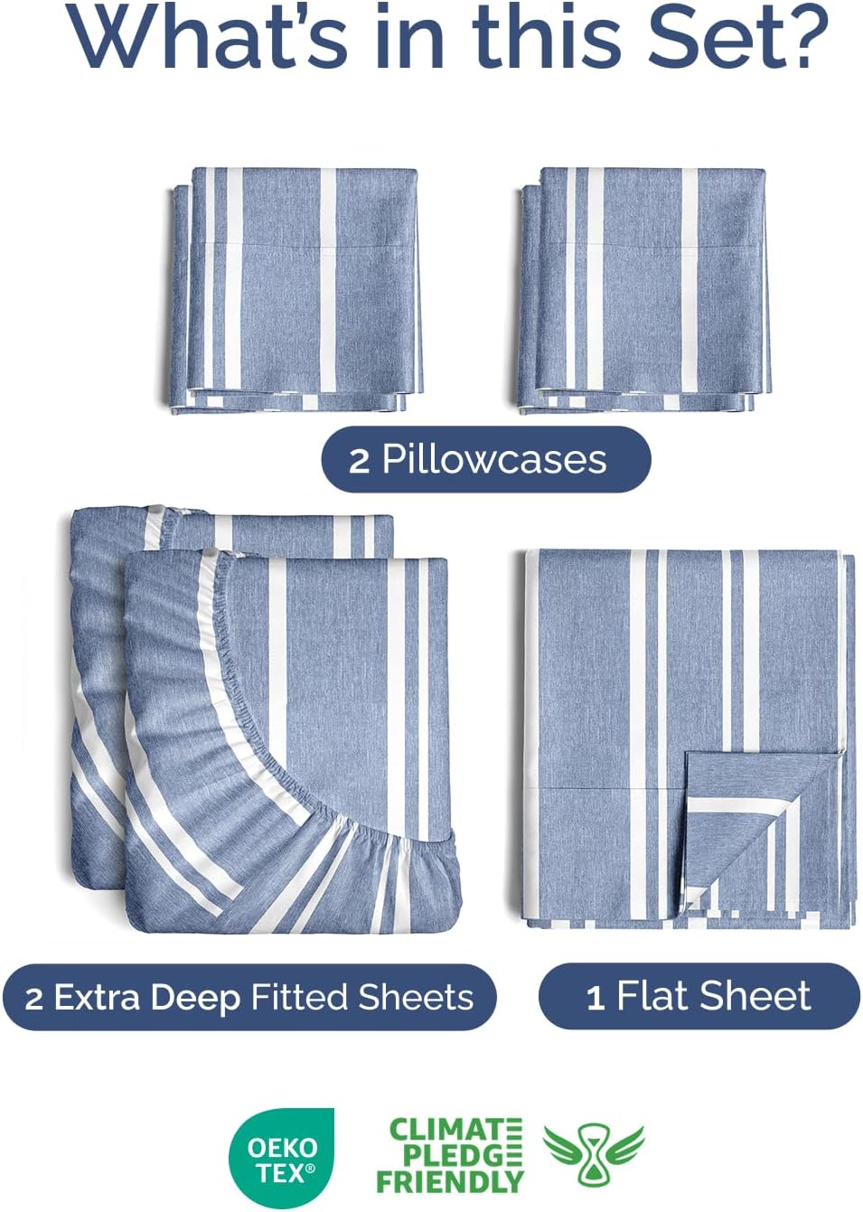 Skiennix Extra Deep Split King Sheet Set | 7-Piece Breathable Cooling Bedding - Soft, Wrinkle-Free Blue Stripes