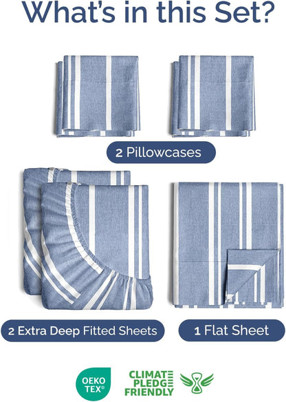 Skiennix Extra Deep Split King Sheet Set | 7-Piece Breathable Cooling Bedding - Soft, Wrinkle-Free Blue Stripes