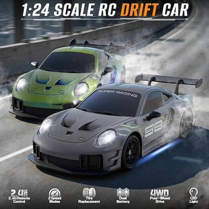 RC Drift Car 1:24 4WD Remote Control Cars Vehicle with LED Light2.4GHz 20KM/H High Speed RC Cars with Two Batteries &amp Drifting Tires Racing Sport Toy for Adults Boys Girls Kids