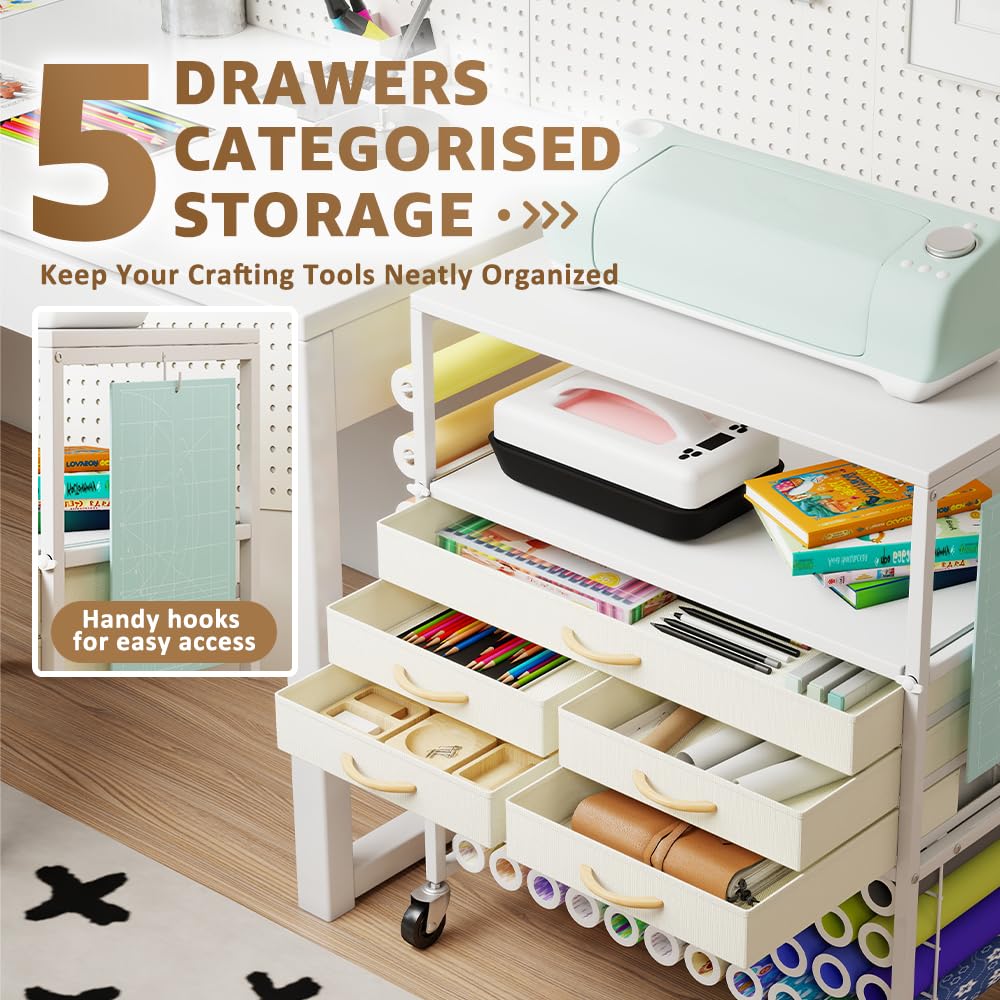 LUCKUP Organization and Storage Craft Table for Cricut Machines, Rolling Cart Cabinet with Extend Tabletop, 51 Vinyl Roll Holders, 5 Drawers & Heat Press Workstation