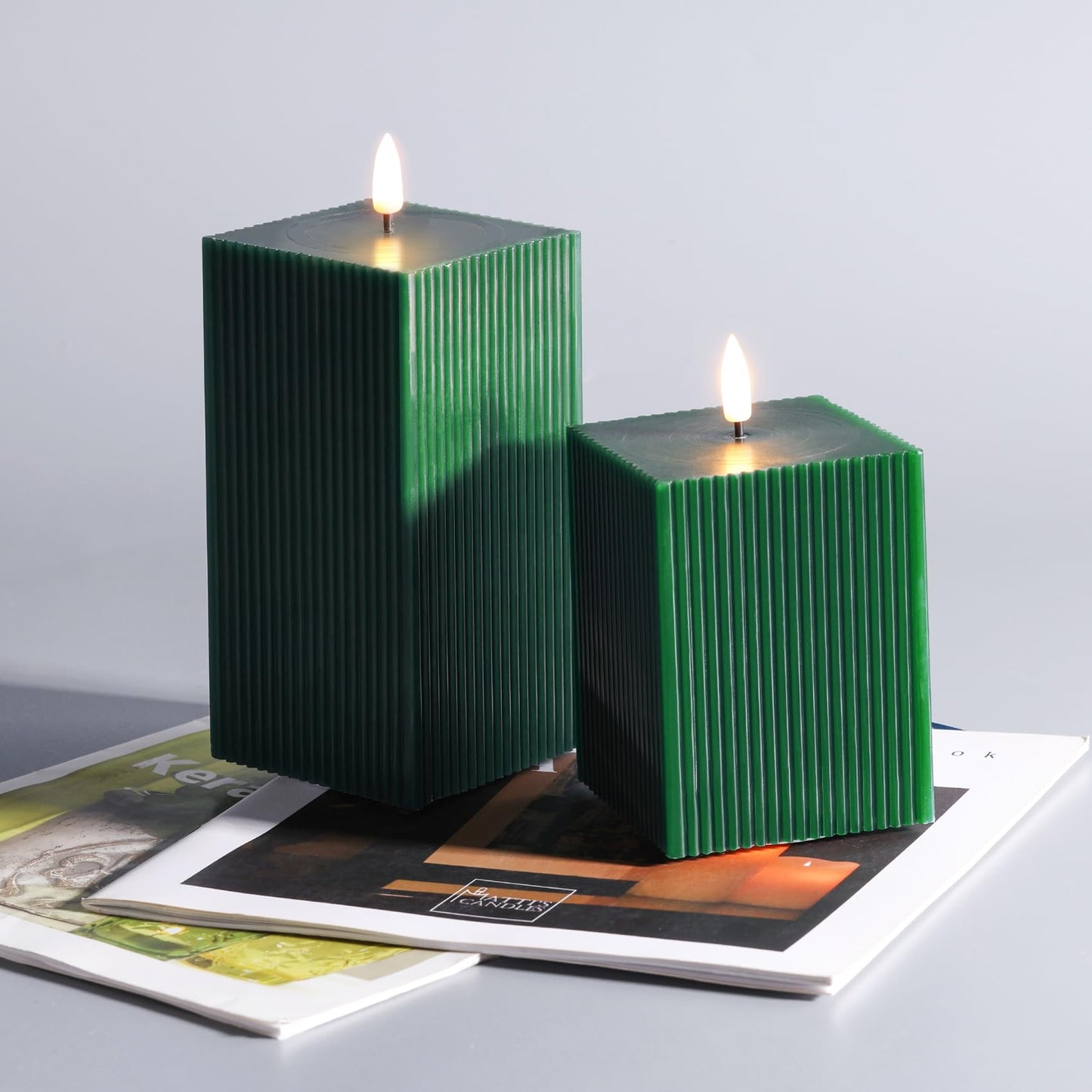 Girimax Dark Green Ribbed Flameless Candles with Remote, Battery Operated LED Square Candles Set of 2 Φ 3" H 4" 6"