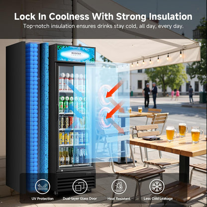 BODEGACOOLER Commercial Merchandiser Refrigerator,10 Cu.Ft Commercial Beverage Cooler with Single Glass Door,Upright Door Display Refrigerator Drink Commercial Bar Cooler with 4 Adjustable Shelves