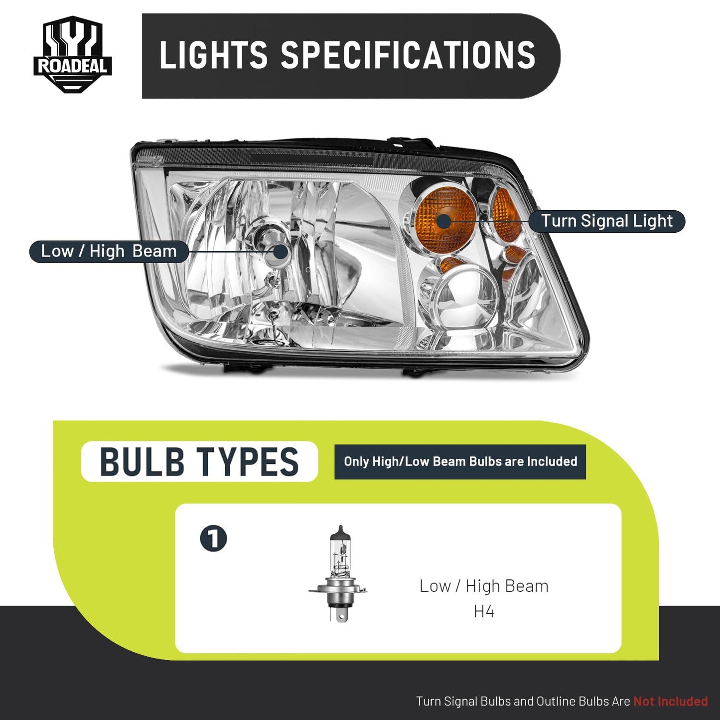 ROADEAL Headlights W/Bulbs for 1999-2005 VW Jetta Mk4 Models Halogen Headlamp Replacement Driver & Passenger Side, NOT fit Model with Integrated Fog Light