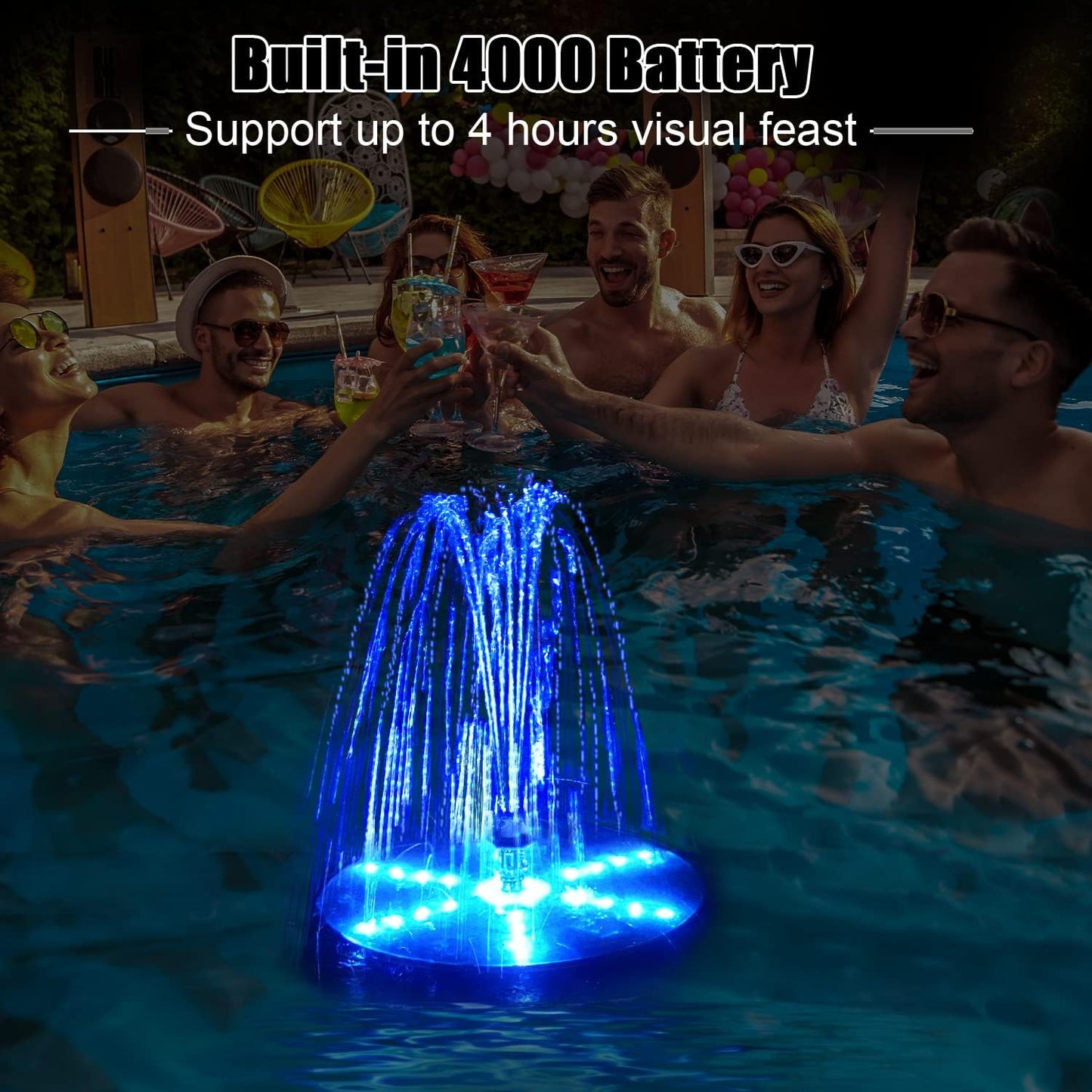 Skiennix Solar Bird Bath Fountain - Upgraded 4W Water Pump with 4000mAh Battery & 7 Nozzles | Colorful LED Lights for Garden & Pond