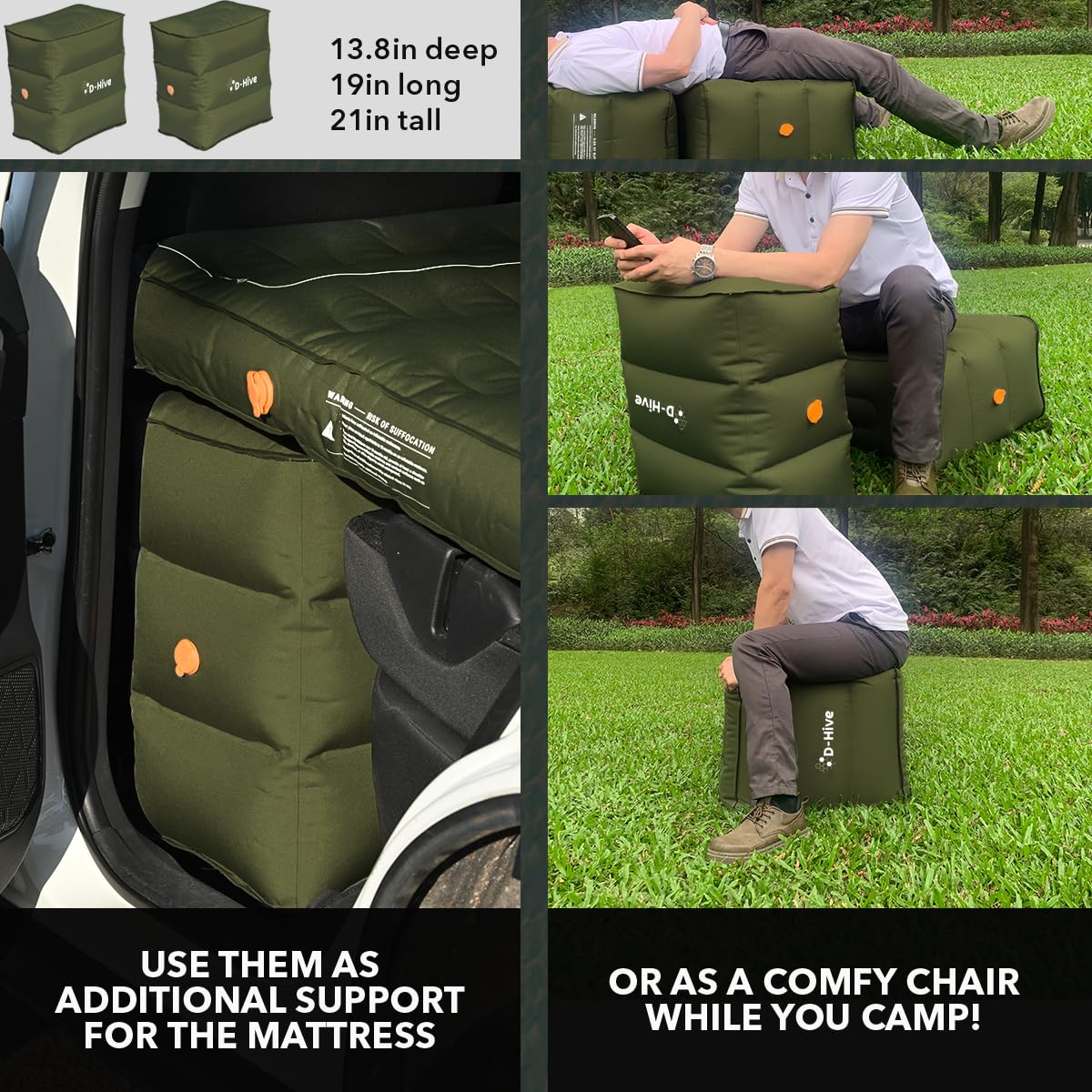 D-Hive Unbeatable Durability SUV Air Mattress for Car Camping, Durable Extra Thick 300D Oxford Fabric, Quick Easy Set-Up w/Electric Pump, Car Bed Mattress, Forrest Green