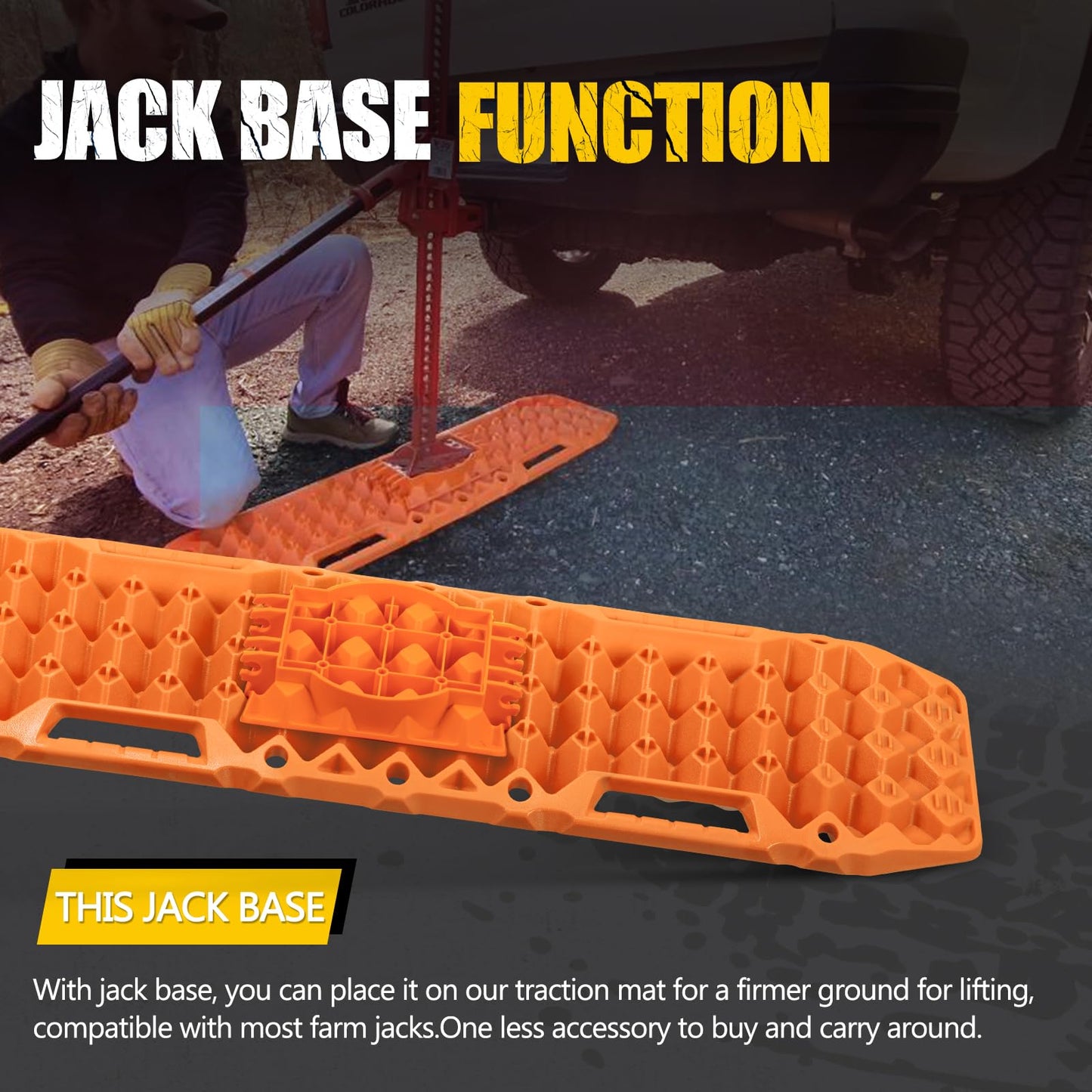 BUNKER INDUST Off-Road Traction Boards with Jack Lift Base,2 Pcs Multifunctional Recovery Track for 4WD UTV SUV Truck-Mud, Snow, Sand Tracks Orange Tire Traction Mat with Carry Bag (Gen 9th)