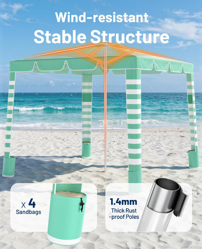 Rhino Valley Beach Cabana, 120 Sq. Ft Beach Canopy UPF50+ Protection, Easy Setup & Adjustable Height Beach Tent Sun Shelter with Cup Holder, Portable for 4-8 People, Light Green & White Stripes