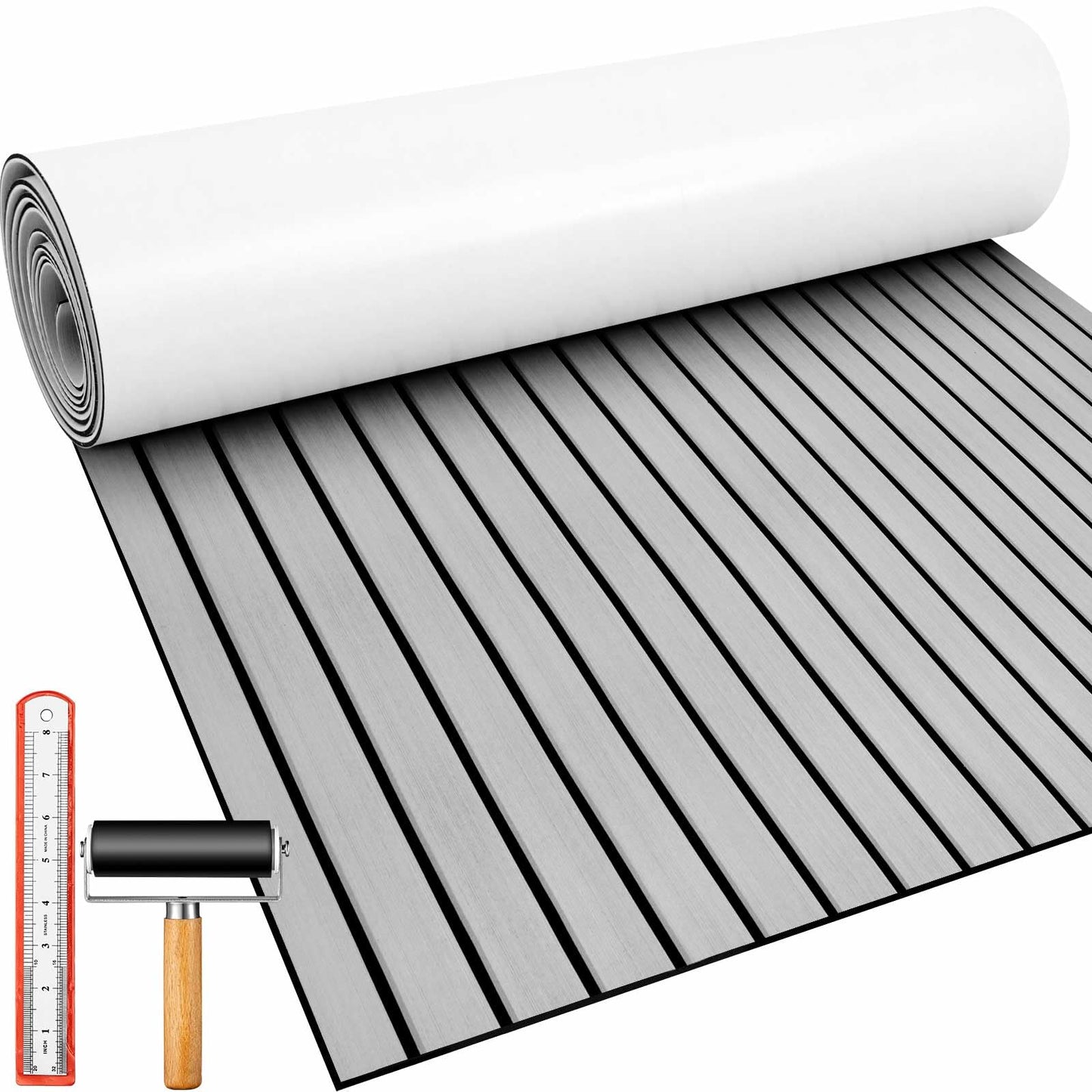 Duraaamo Boat Flooring EVA Foam 157"/ 118" x 47" Boat Decking Non Slip Marine Self Adhesive Carpet with Roller Ruler for Kayak Yacht Motorboat(Grey,157.5'' X 47.2'',Stripes)