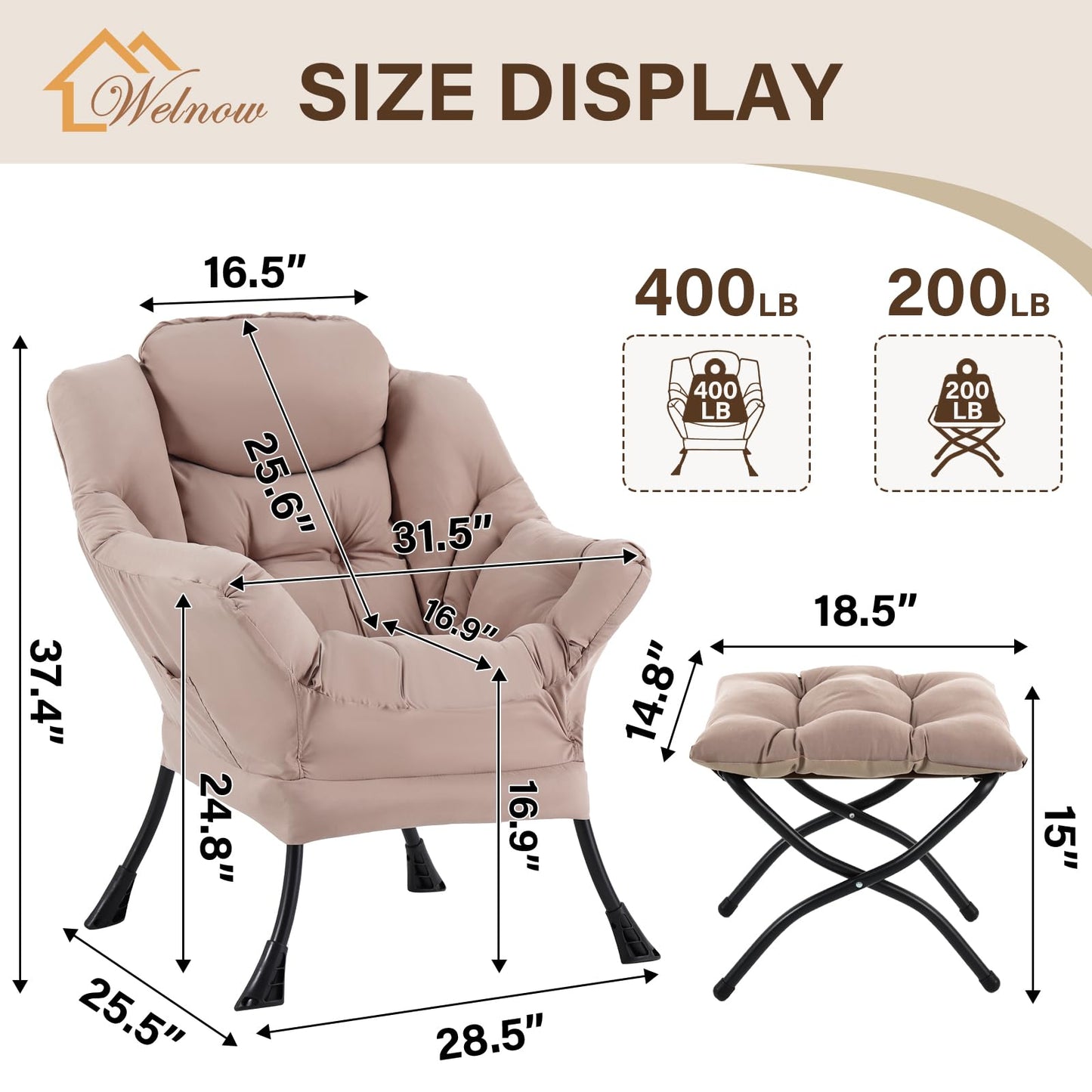 Welnow Lazy Chair with Ottoman, Modern Reading Accent Chair with Armrests and a Side Pocket, Leisure Upholstered Lazy Sofa Set with Footrest for Small Space, Khaki