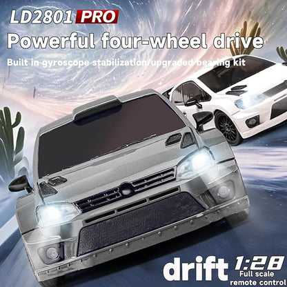 LD2801Pro Mini RC Drift Car 1/28 Scale RTR Remote Control 4WD Racing Cars with Gyro and 4PCS Drift Tires and LED Searchlight for Hobby Gift (Silvery)