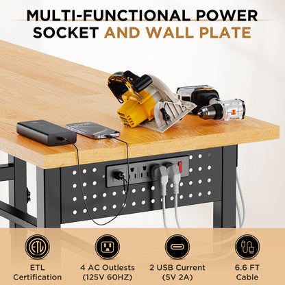 KEIKI 96 Inch Rolling Workbench with Wheels and Side Pegboard, Solid Wood Top Heavy Duty Steel Garage Work Table with Power Outlet and Storage Box, 2000 lbs Capacity, Adjustable Height, Black