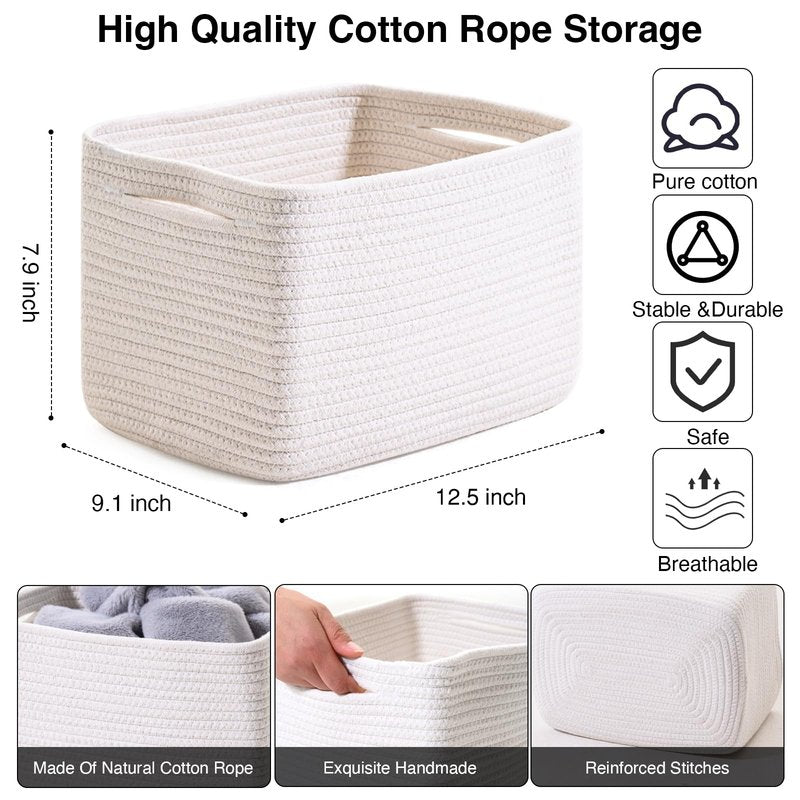 ICERZCZ Storage Baskets for Organizing, Woven Basket for Storage, Storage Baskets Bin for Shelves, Cotton Rope Basket with Handles, 12.5"Lx9.1"Wx7.9"H, (4 Packs) Off White