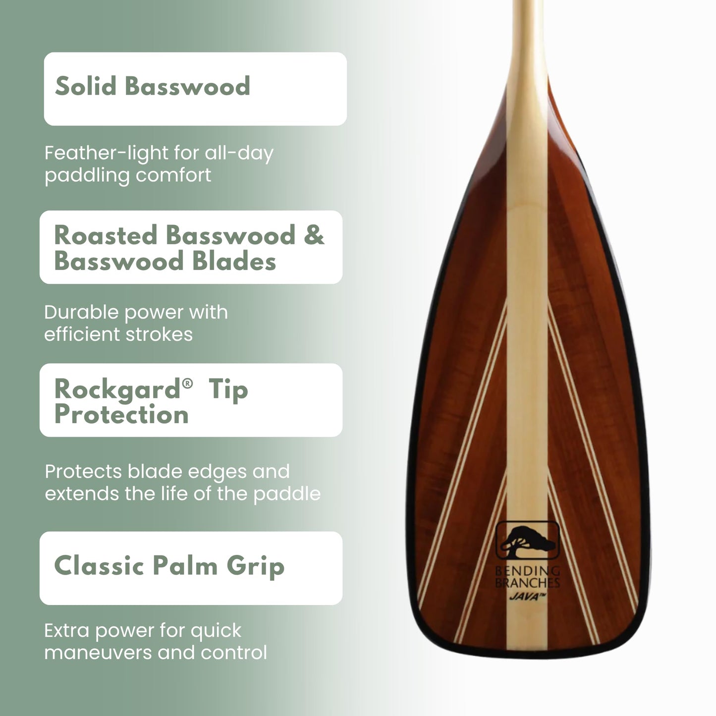 BENDING BRANCHES Java 11 Wood Canoe Paddle – 18-Laminate Basswood Shaft, Hardwood Blade with Fiberglass Wrap and Rockgard® Protection, 11° Bent Shaft, Classic Palm Grip