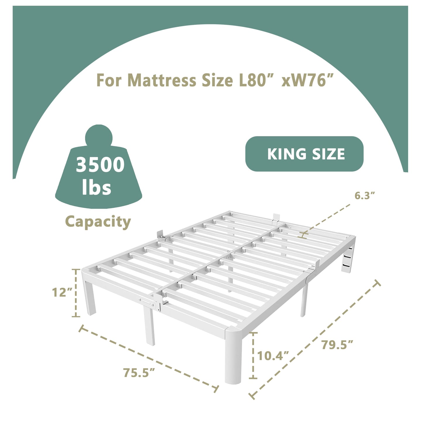 ITIMIDI 12 Inch White King Size Bed Frame, Metal King Platform Bed Frames with Round Corner Legs, Heavy Duty Steel Support 3500 LBS, Storage Space, No Box Spring Needed, Noiseless, Easy Assembly