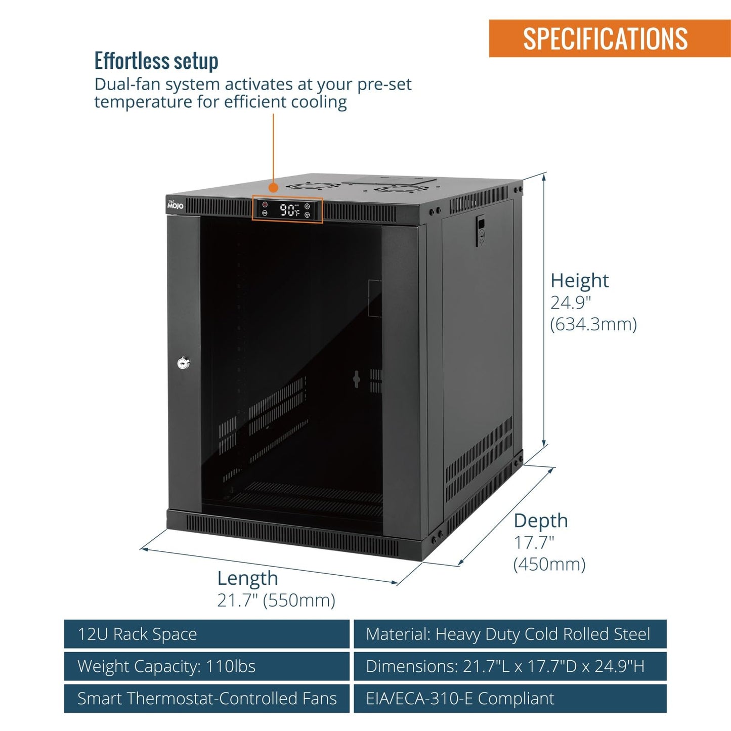 Tecmojo 12U Wall Mount Rack with Thermostat, 17.7inch Depth Enclosed Server Cabinet with 2 Cooling Fans,Lockable Door & Hardware,12U Rack for 19inch Equipments,Glass Door