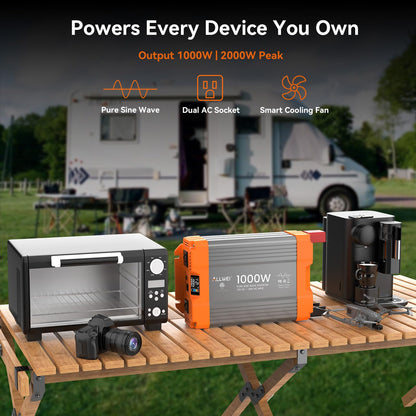 ALLWEI Pure Sine Wave Inverter - 1000 Watt Inverter 12V DC to 120V AC Converter for Home, RV, Truck, Off-Grid Solar Power Inverters for Vehicles, Car Power Inverters with 2 Sockets, 2000W Peak