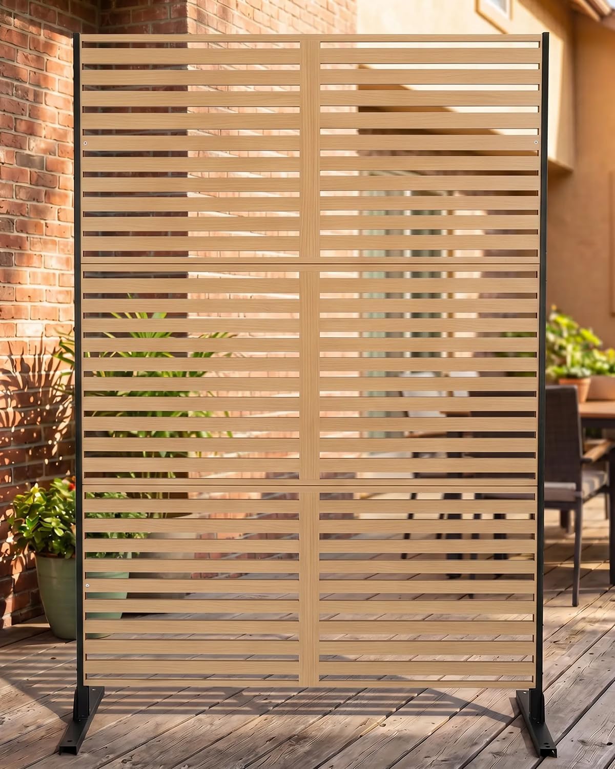 Metal Privacy Screen, 48" W x 75" H, Outdoor Freestanding Privacy Fence Panel, No Dig Steel Decorative Fence, Rustproof Fence Panels for Yard, Patio, Garden, Balcony, Pool, Wood-Grain Horizontal Slat
