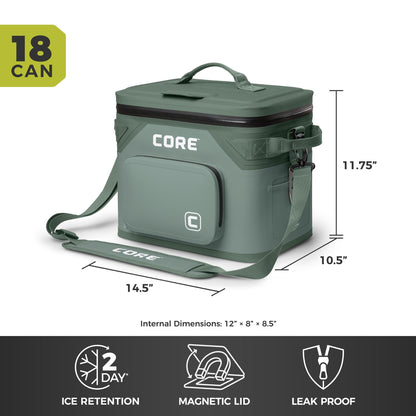 CORE Magnetic Leak Proof 18 Can Soft Cooler with Waterproof Zipper | Insulated Bag Portable Ice Chest Box | Best Soft Cooler for Food & Beverages for Tailgating, Car Camping, and Family Beach Picnics