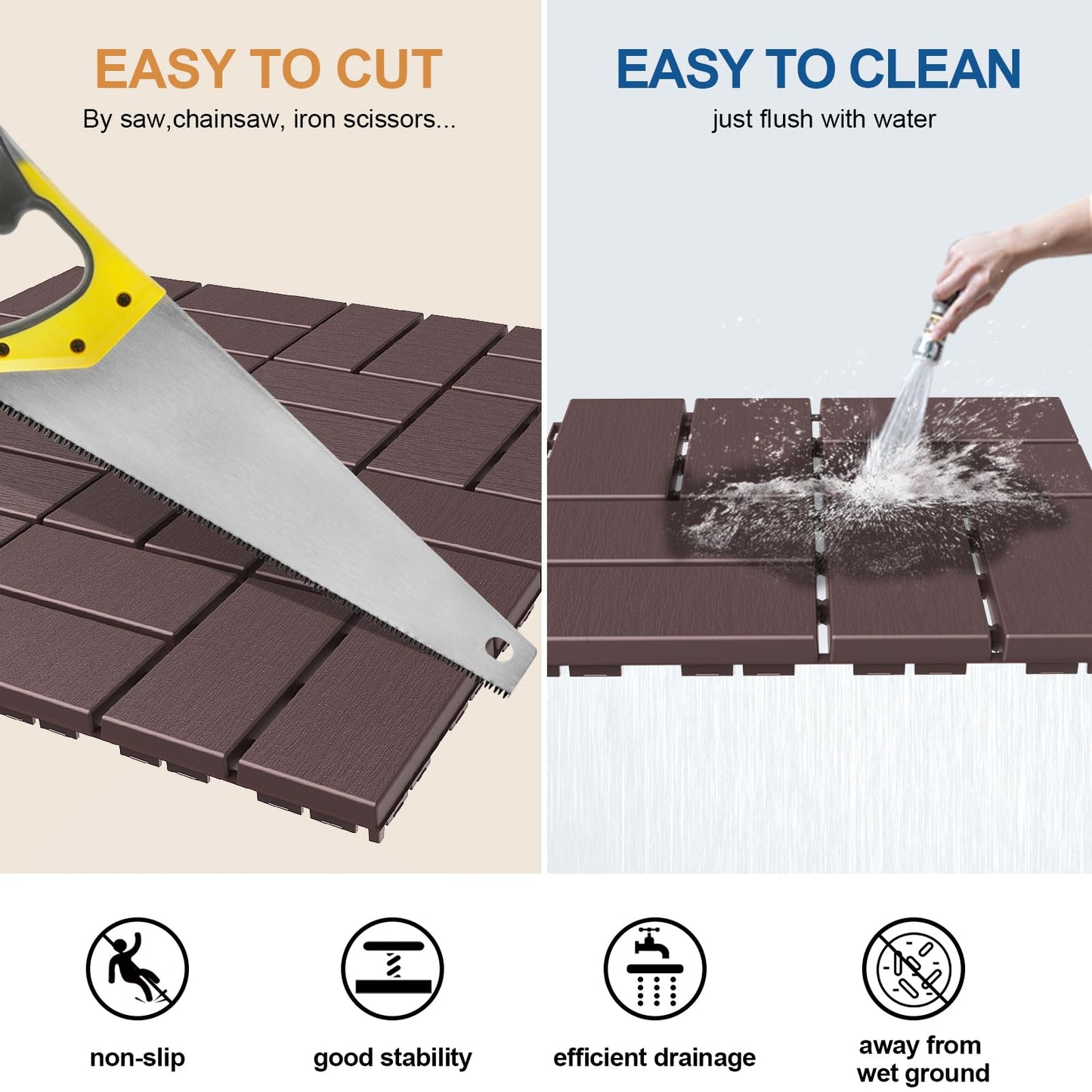 Goovilla Plastic Interlocking Deck Tiles, 27 Pack Outdoor Patio Flooring, 12"x12" Interlocking Decking Tile Outdoor All Weather Use, Waterproof Patio Pavers for Pool Balcony Backyard Porch, Dark Brown