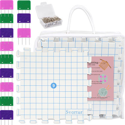 Svartur Interlocking Blocking Mat for Knitting and Crochet Projects, 9 Pack Knitting Blocking Mats with Blocking Comb Pins, T-pins, Crochet Blocking Board, Knitting Mat with Grid Line, Storage Bag