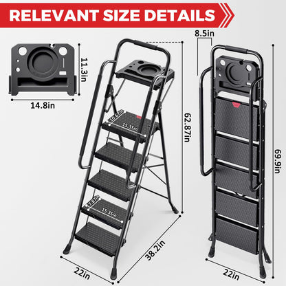 KINGRACK 5 Step Ladder, Folding Step Stool for Adult with Tool Platform, Handrails, Wide Anti-Slip Pedals, Pass 800lbs Load Testing， Portable Safety Step Stool for Home, Kitchen, Black