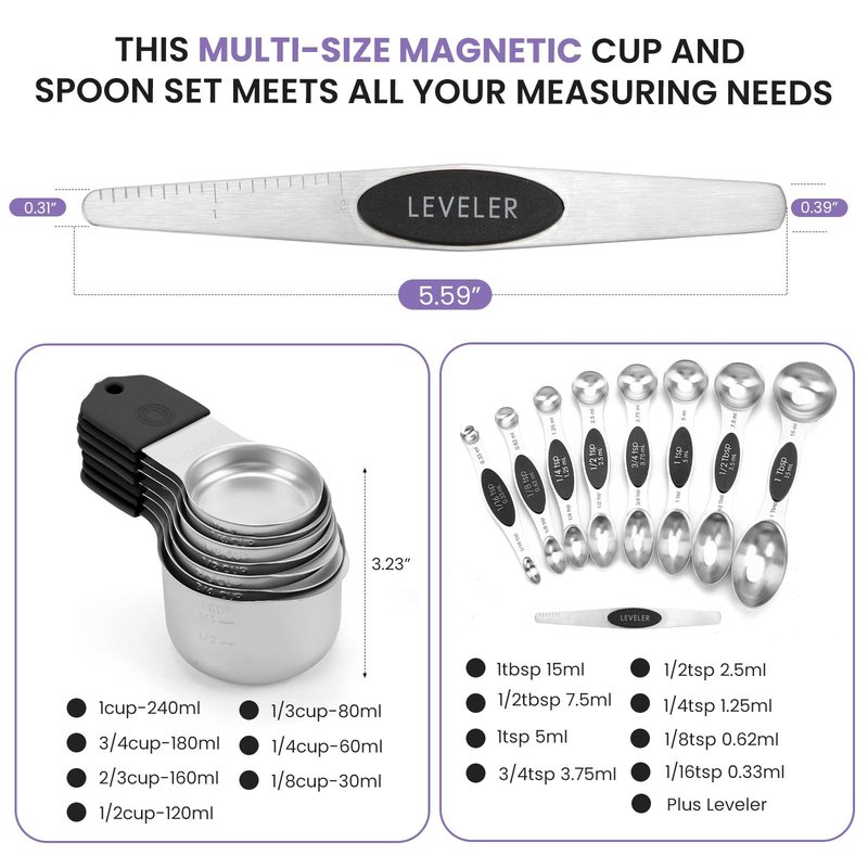 Magnetic Measuring Cups and Spoons Set-Heavy Duty 304 Stainless Steel，Double Measurement Markings，Set of 16 with Leveler for Measure Dry and Liquid Ingredients (Black)