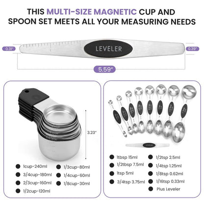 Magnetic Measuring Cups and Spoons Set-Heavy Duty 304 Stainless Steel，Double Measurement Markings，Set of 16 with Leveler for Measure Dry and Liquid Ingredients (Black)