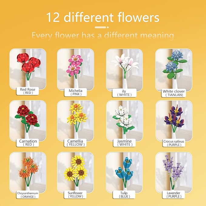 SIENON Flower Bouquet Building Blocks Set-1064PCS 12 Kinds of Flowers Botanical Collection Assorted Flowers Brick Toys Creative Project for Home Room Decoration Valentines’ Day Christmas Birthday