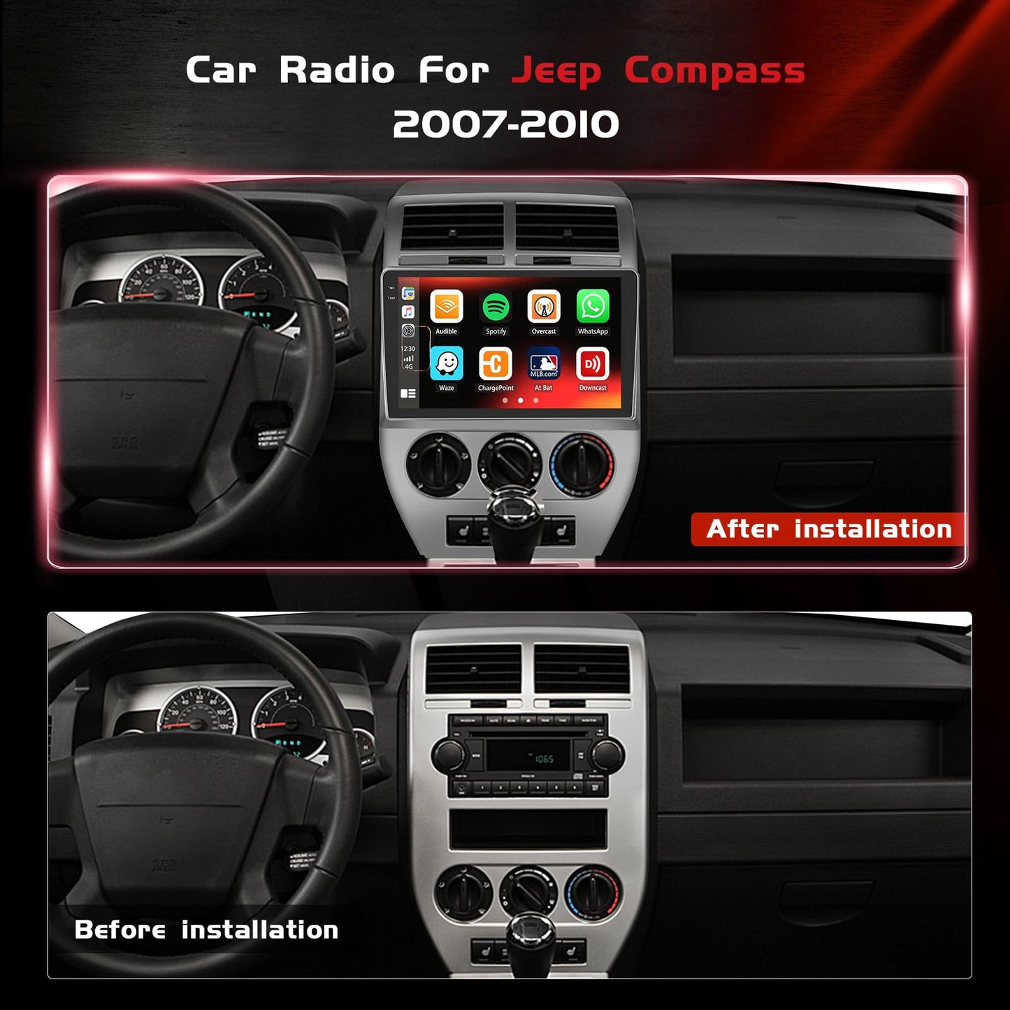 4+128GB Android 15 Car Radio for Jeep Compass 2007-2010 Wireless Carplay Android Auto, Realdio Car Stereo for Compass 10.1" in-Cell Touchscreen WiFi Bluetooth GPS FM/RDS EQ SWC + Backup Camera