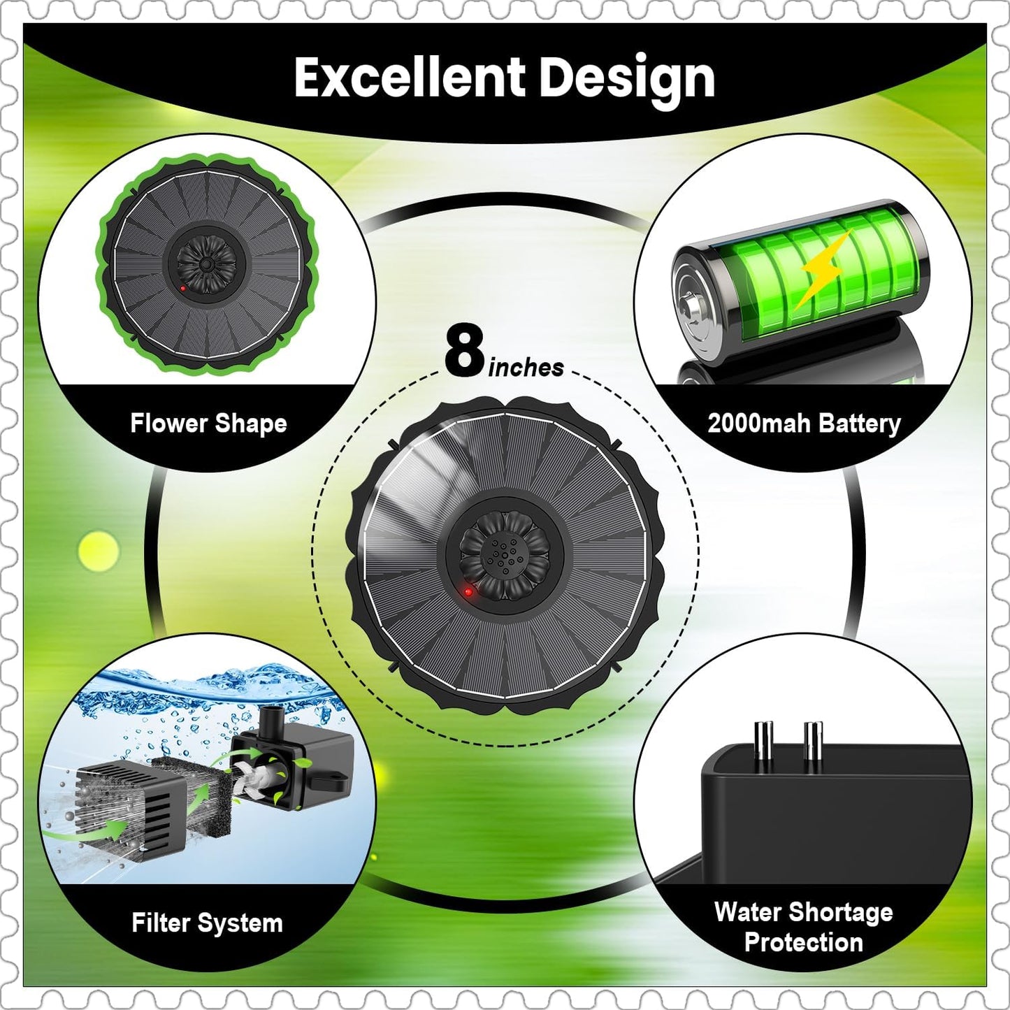 Yzert Solar Fountain - 3.5W Glass Water Pump with 2000mAh Battery & 7 Nozzles for Outdoor Use (Black)