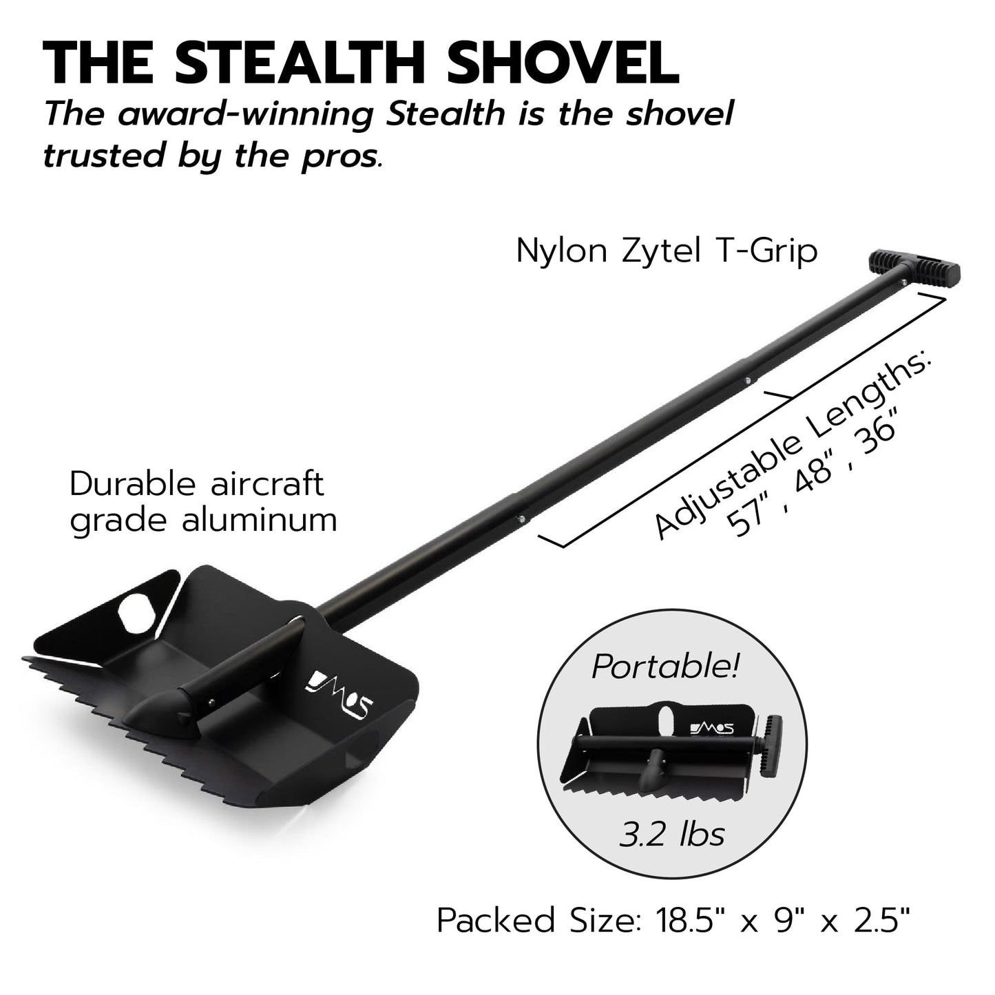 DMOS Stealth Shovel - Lightweight, Heavy-Duty Aluminum Sand & Snow Shovel with Extendable & Collapsible Handle for Camping, Overlanding, Survival, & Off-Road Use - Blackout - Regular