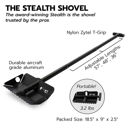 DMOS Stealth Shovel - Lightweight, Heavy-Duty Aluminum Sand & Snow Shovel with Extendable & Collapsible Handle for Camping, Overlanding, Survival, & Off-Road Use - Blackout - Regular