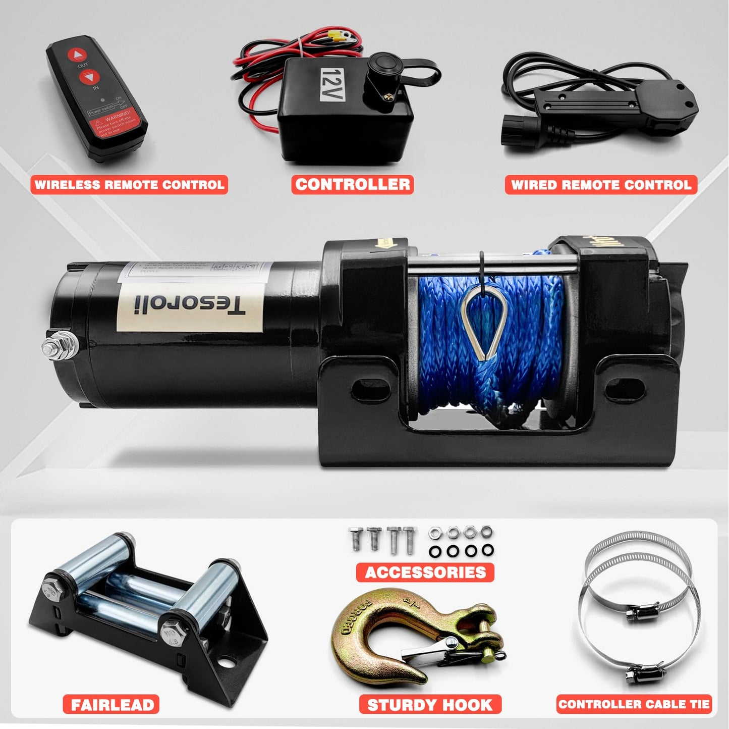 3500lbs ATV/UTV Electric Winch 12V DC with Wireless Remote, Synthetic Rope Electric Winch, Waterproof Winch with Mounting Plate,with Fairlead&Hook for Trucks, Jeeps, ATV, UTV, and Trailers