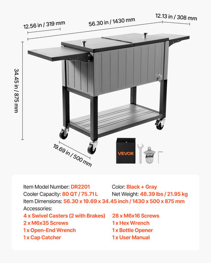 VEVOR 80QT Rolling Ice Chest, Holds up to 50 Bottles / 110 Cans, Portable Patio Party Bar Drink Cooler Cart with Bottom Shelf & Foldable Side Shelves, Beverage Pool with Swivel Wheels & Bottle Opener