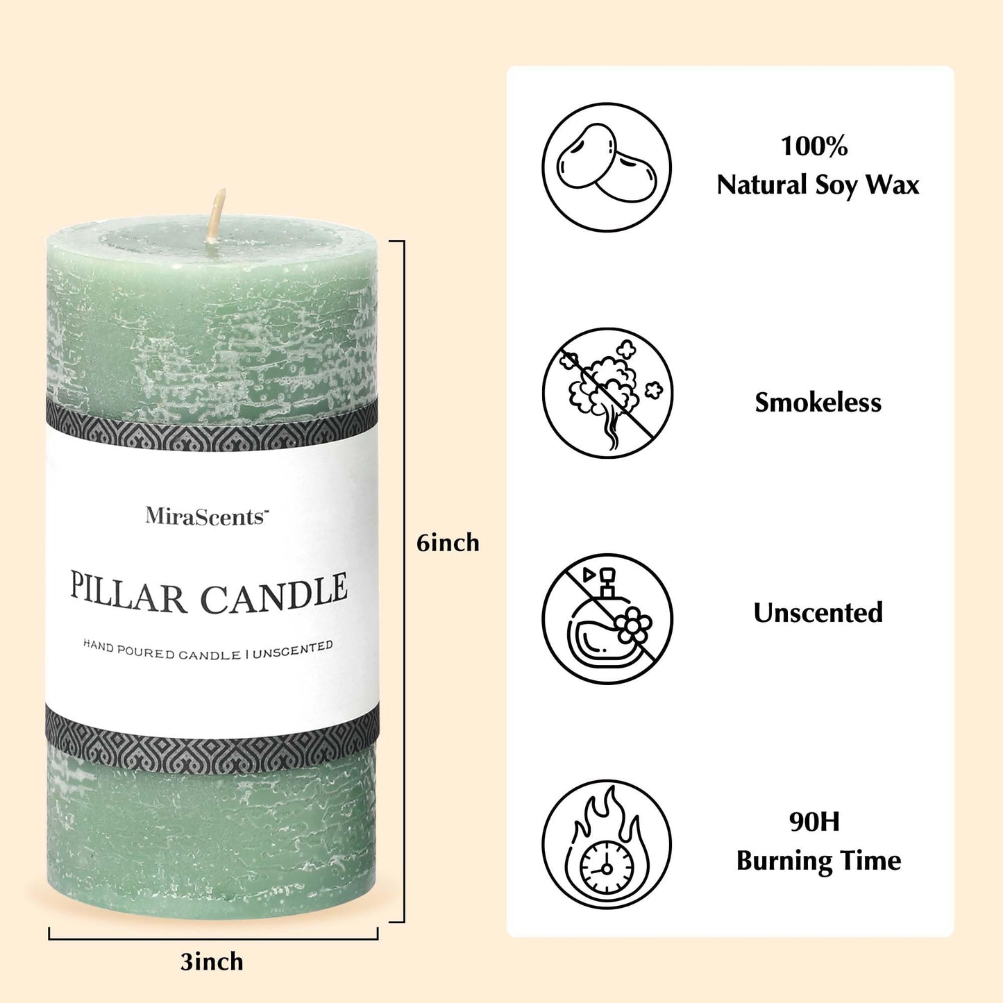 3x6 Inch Sage Green Pillar Candles Set of 3 - Unscented Spring, Long Clean Burning, Large Smokeless Dripless for Home Decor, Dinner Table, Bathroom, Rustic Decor