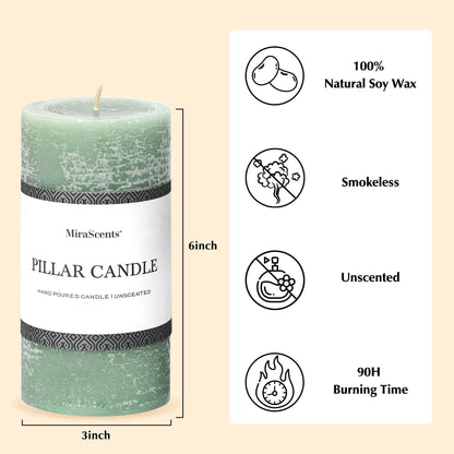 3x6 Inch Sage Green Pillar Candles Set of 3 - Unscented Spring, Long Clean Burning, Large Smokeless Dripless for Home Decor, Dinner Table, Bathroom, Rustic Decor