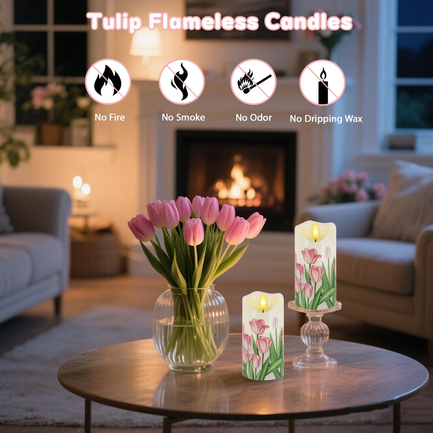 Flameless Candles Set of 2, 6"x3" Flickering Tulip LED Candles with Remote & Timer, Dimmable Real Wax Electric Pillar Candles Battery Operated, Birthday Gift Mother's Day Gift for Mom Women (Tulip)