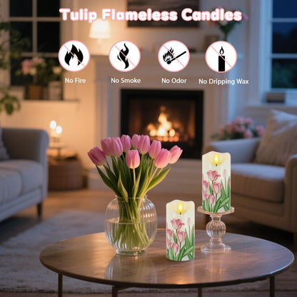 Flameless Candles Set of 2, 6"x3" Flickering Tulip LED Candles with Remote & Timer, Dimmable Real Wax Electric Pillar Candles Battery Operated, Birthday Gift Mother's Day Gift for Mom Women (Tulip)