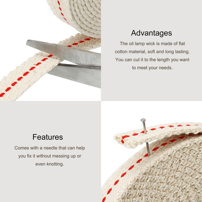 MECCANIXITY Oil Lamp Wick, 0.35 Inch Flat Wide, 10 Ft Cotton with Red Stitch, Model mea220517ee0484
