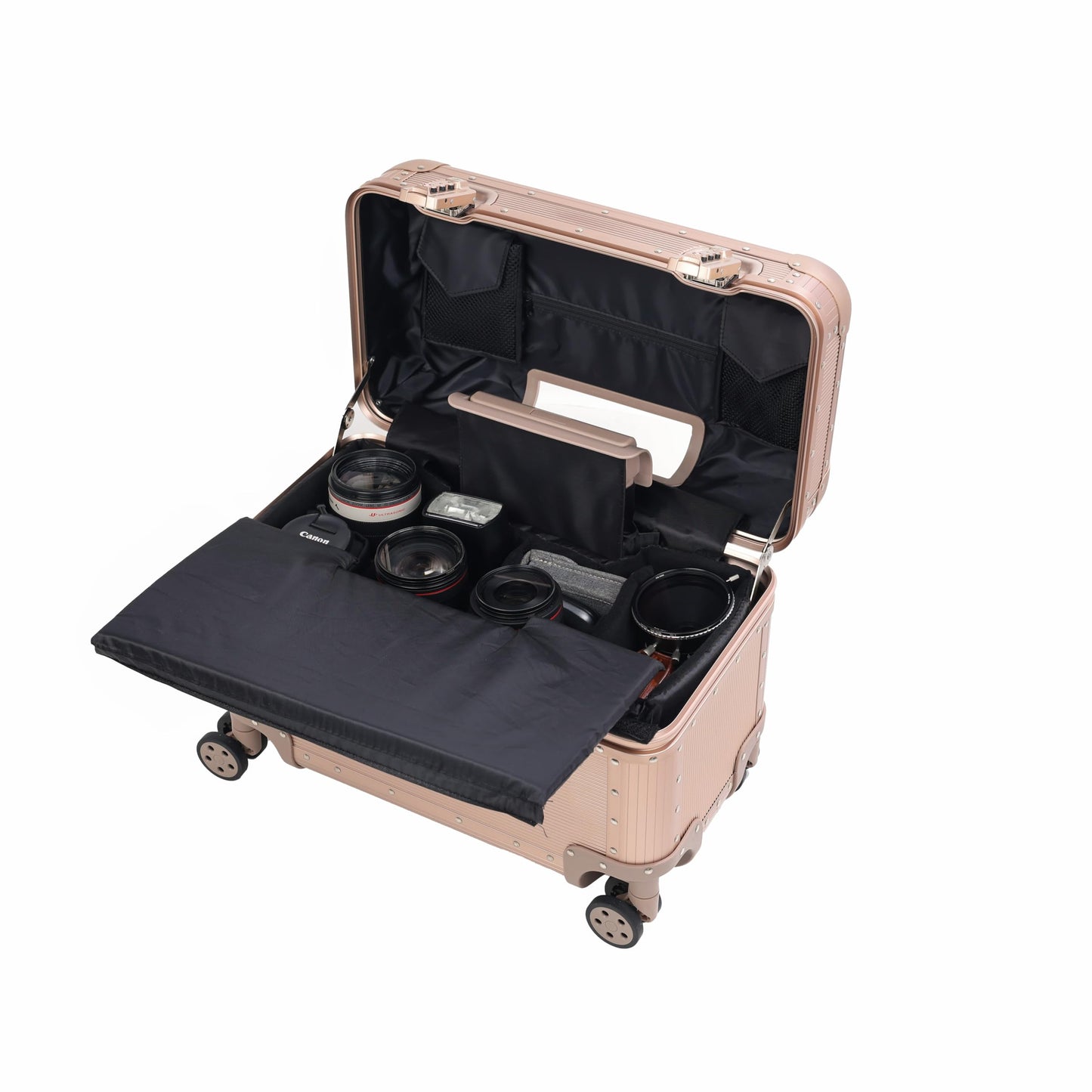 Perle Path All Aluminum Rolling Camera Case, Pilot case, Camera roller bag, Carry on, Hard Shell Photography Equipment suitcase with 4 Wheels and Telescopic Handle (Rose Gold(with camera bag inside))