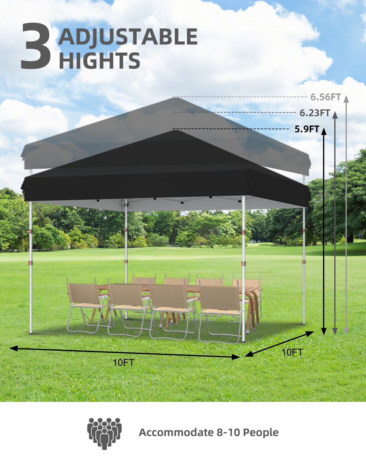 GarveeLife 10x10 Pop Up Canopy with One Button Push Setup - Heavy Duty Outdoor Canopy Tent with Portable Roller Bag - 3 Adjustable Height, 4 Weight Bags, 8 Stakes & 4 Guy Ropes Included, Black