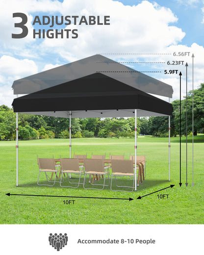 GarveeLife 10x10 Pop Up Canopy with One Button Push Setup - Heavy Duty Outdoor Canopy Tent with Portable Roller Bag - 3 Adjustable Height, 4 Weight Bags, 8 Stakes & 4 Guy Ropes Included, Black
