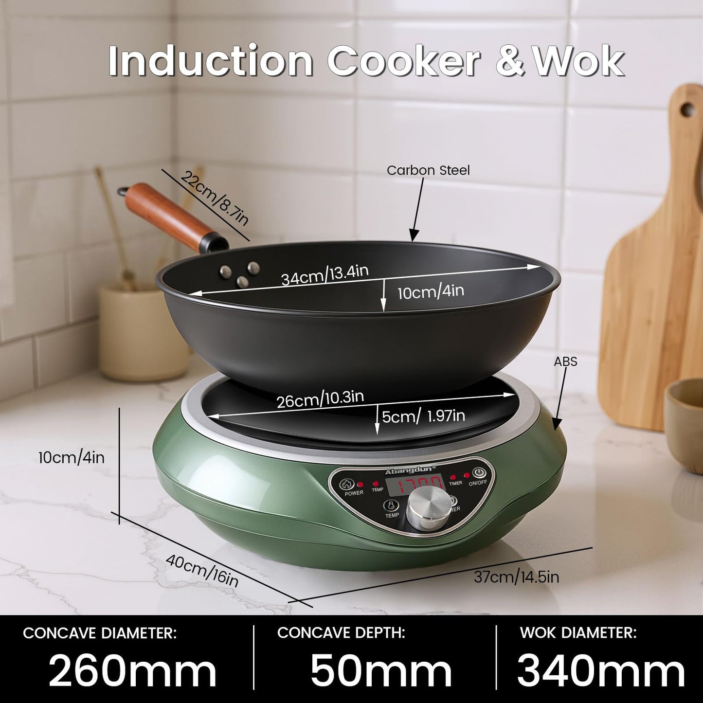 ABangDun 1700W Concave Induction Wok Cooktop,9.25-Inch Coi,Non-Pulse Continuous Heating, Professional Countertop Wok Burner Stove for Stir Fry Cooking