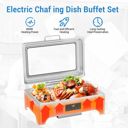 Roll Top Chafing Dish for Buffet, 9 Quart Rectangle Stainless Steel Food Warmer Server with Visible Lid, Water Pan, Stand & Fuel Holder Clip, for Parties Birthday Hotels Weddings, Gold