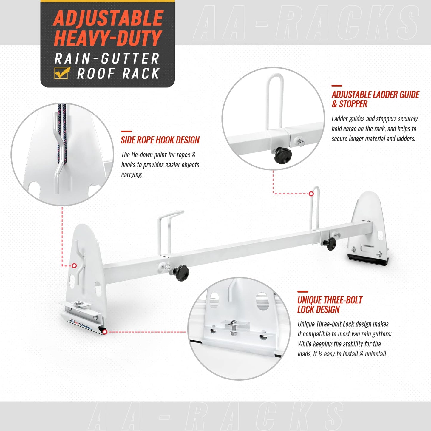 AA-Racks Model RX27 Fullsize Steel Two-Bar Van Ladder Roof Racks with Rear Cargo Roller - White