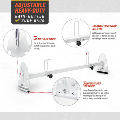 AA-Racks Model RX27 Fullsize Steel Two-Bar Van Ladder Roof Racks with Rear Cargo Roller - White
