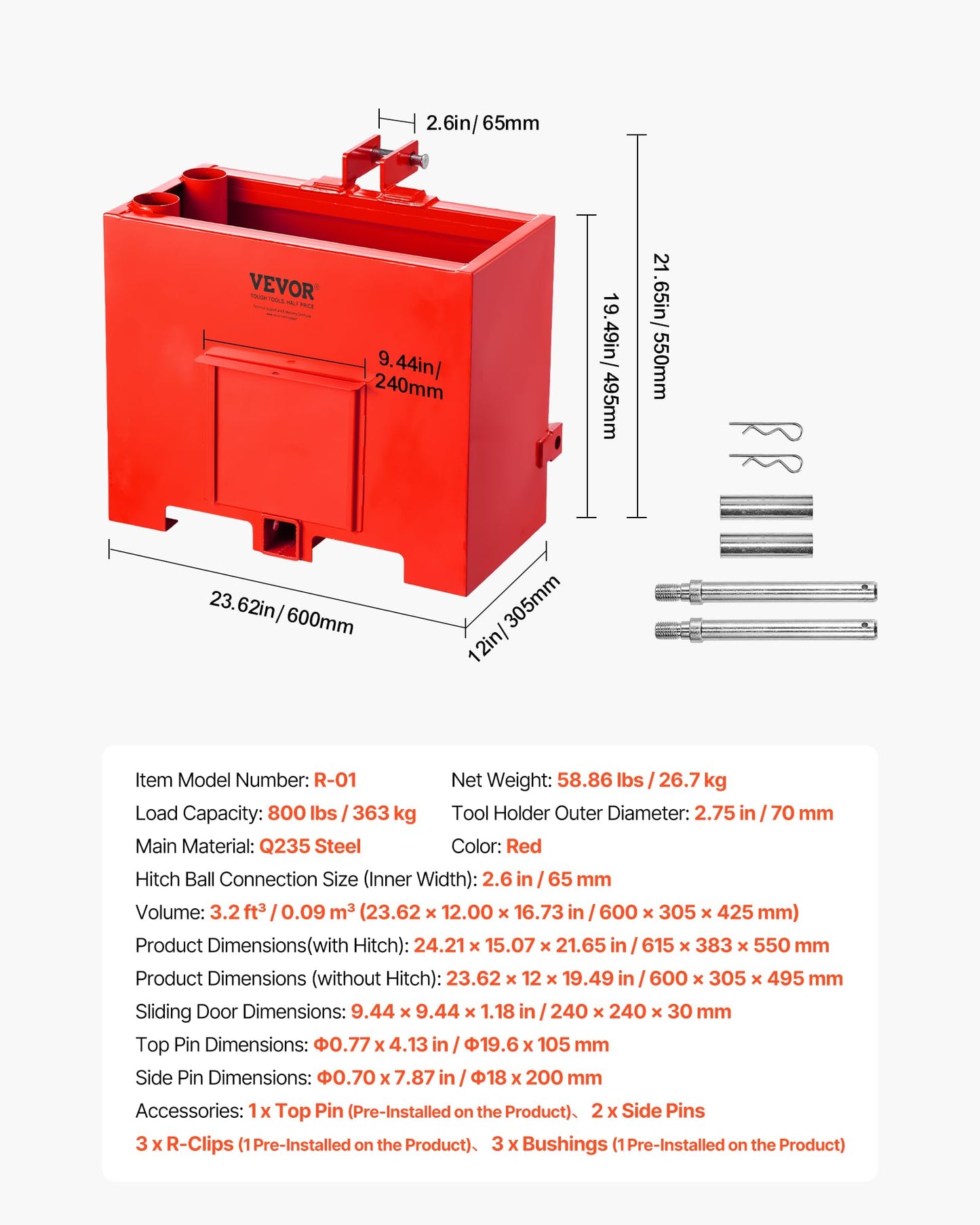 VEVOR Ballast Box, 3-Point Category 1 Tractor Ballast of 800 lbs Capacity, with Standard 2 Inch Hitch Receiver, Heavy-Duty Steel 3.2 ft³ Large Volume Durable Loader Attachment with Sliding Door, Red